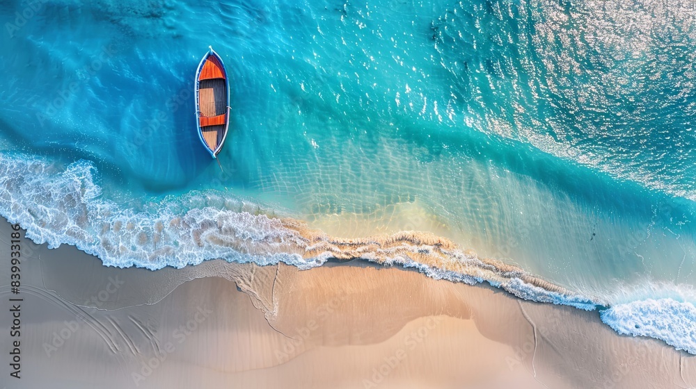 Fototapeta premium Wave and boat on the beach as a background. Beach and waves from top view. Turquoise water background from top view. Top view from drone. Travel - image