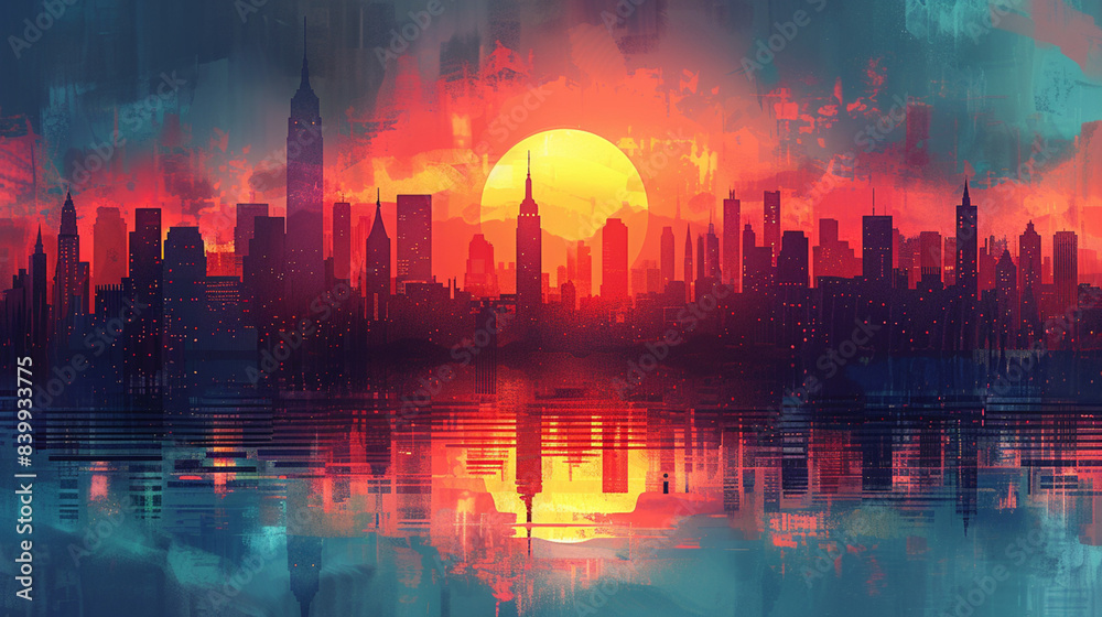 red sunset over the city, illustrator style red sunset over the city, illustrator style
