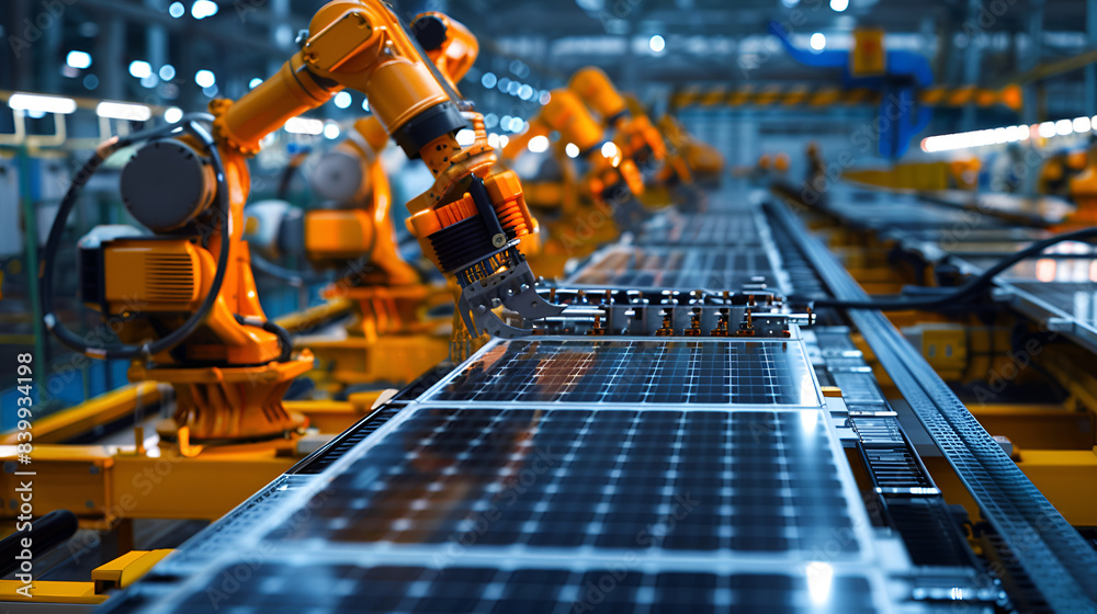 A factory with robots working on solar panels A factory with robots working on solar panels