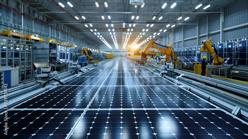 A factory with a lot of machinery and a lot of solar panels. Scene is industrial and futuristic