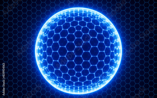 Abstract hexagonal sphere, neon glowing sphere, 3d rendering.
