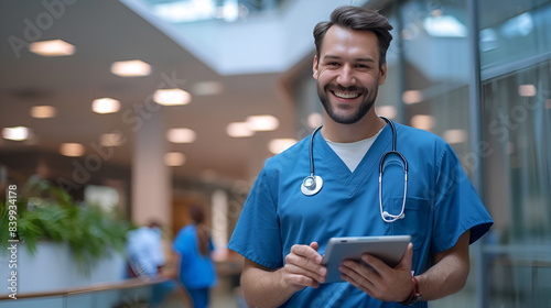 A smiling man in a blue scrubs holding a tablet. He is a doctor. Concept of happiness and positivity
