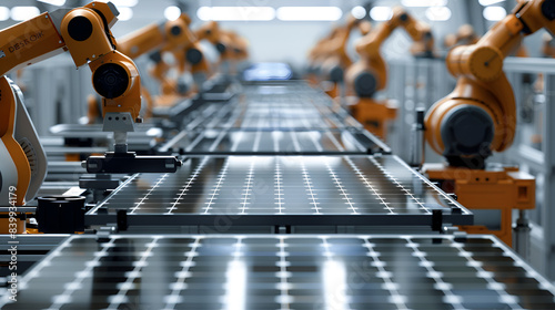 A factory with robots working on solar panels. Scene is industrial and futuristic. The robots are orange and black, and they are working on the solar panels, which are also black