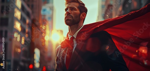 Confident man in suit with red cape standing heroically in urban cityscape with sunset background photo