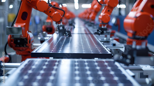 A line of robots are working on a solar panel