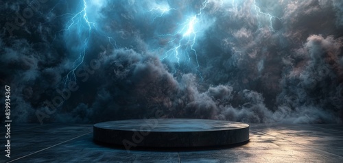 Dramatic empty stage with swirling dark clouds and lightning in the background, creating a powerful and intense atmosphere. photo