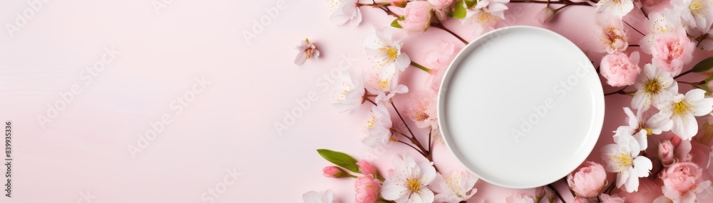 A white plate with a pink background and a pink flower on it