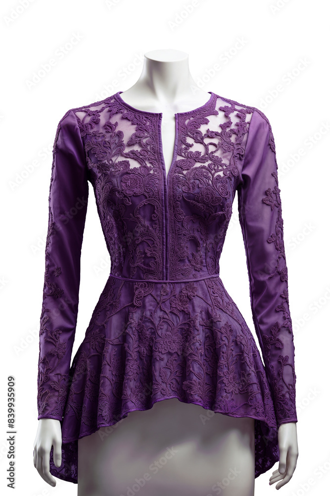 Obraz premium Cutout of a female manikin wearing purple blouse, isolated transparent png. 