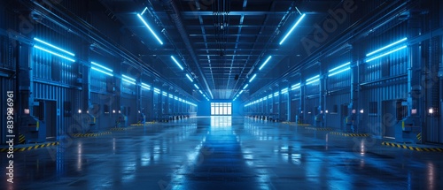 Wallpaper Mural Modern industrial warehouse with bright blue neon lighting, showcasing an empty, spacious interior with reflective surfaces. Torontodigital.ca