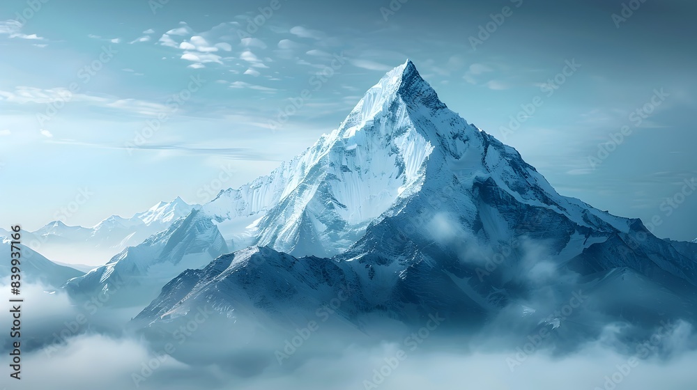 Majestic Mountain Peak Emerging from Misty Clouds Serene Alpine Landscape of Grandeur and Natural Tranquility