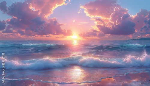 Serene beach scene at sunset with pastel pink and blue sky, gentle waves lapping sandy beaches, and sun setting behind large clouds casting long shadows over the water photo