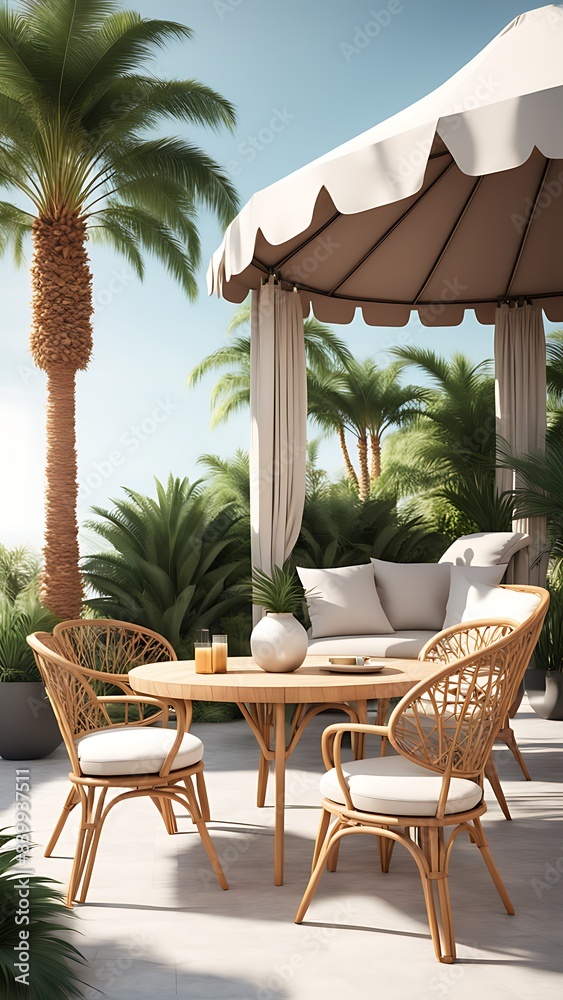 Terrace with outdoor furniture round table chairs gazebo and palm trees Exotic summer patio