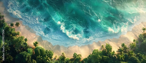 Stunning aerial view of a tropical coastline with lush greenery and turquoise ocean waves crashing onto the sandy shore.