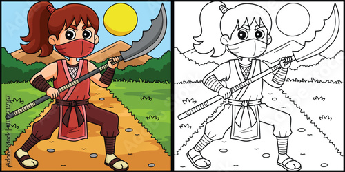 Ninja Kunoichi with Naginata Coloring Illustration
