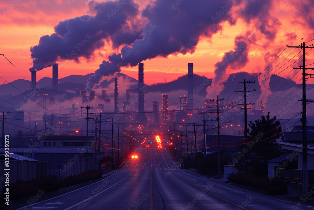 Industrial Factory Pollution Emitting Smoke at Sunset