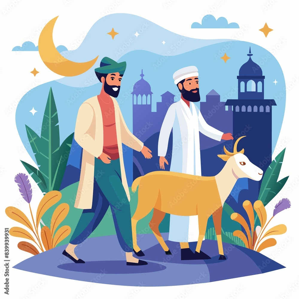 Fototapeta premium a muslim man celbrating eid al-adha with his goat