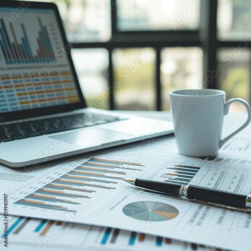 A Comprehensive Audit of Stock Performance and Market Analytics.A cup of coffee and a laptop. Business audit stock financial finance management on analysis data strategy with graph accounting market.