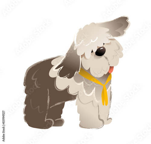 Cute Bobtail dog puppy standing, purebred big fluffy dog.. Large doggy, best friend character graphic design, kids illustration. Domestic animal vector clipart cartoon for children.