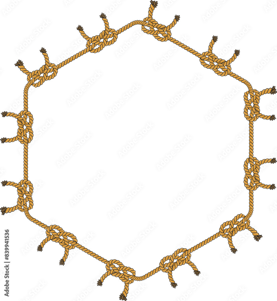Hexagonal rope frame isolated on white background. Twisted cord. Hexagonal rope frame isolated on white background. Twisted cord.