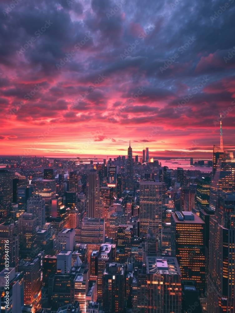 Cityscape at Sunset from Rooftop View