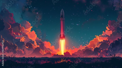 A rocket launch at night. The rocket is surrounded by clouds and stars. The sky is dark and the rocket is brightly lit. photo
