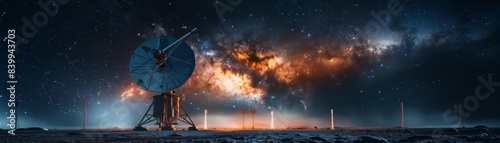 Generate a cinematic concept art image of a large radio telescope array in the middle of a desert at night photo