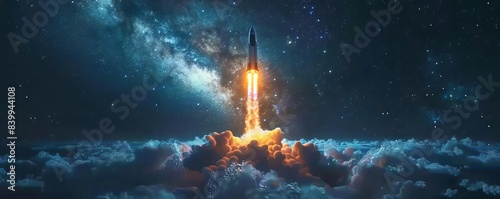 The rocket pierced through the atmosphere, leaving a trail of fire and smoke in its wake. The stars twinkled in the distance, providing a beautiful backdrop for the launch. photo