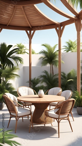 Terrace with outdoor furniture round table chairs gazebo and palm trees Exotic summer patio