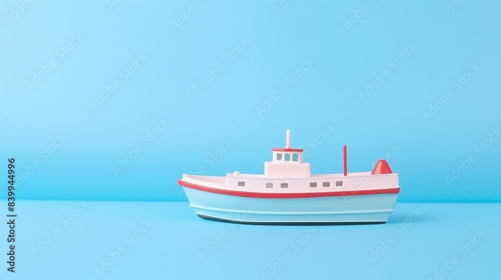 A small red boat is sitting on a blue background A small red boat is sitting on a blue background