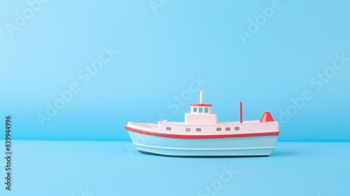 A small red boat is sitting on a blue background