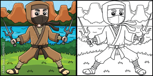 Ninja Holding a Twin Sai Coloring Illustration