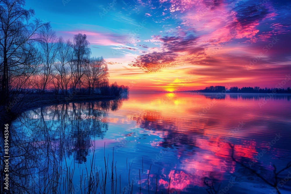 A dazzling sunset with a spectrum of colors reflecting on a lake, with a curved treelined shore in the foreground
