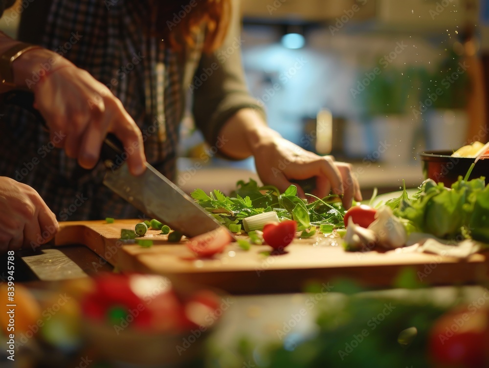 Close-up of hands chopping vegetables in a cozy kitchen setting, emphasizing cooking and food preparation with fresh ingredients. Close-up of hands chopping vegetables in a cozy kitchen setting, emphasizing cooking and food preparation with fresh ingredients.