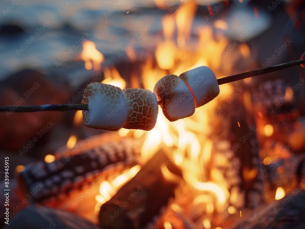Toasting marshmallows over an open campfire at sunset by the beach, creating a warm, cozy, and nostalgic atmosphere. Toasting marshmallows over an open campfire at sunset by the beach, creating a warm, cozy, and nostalgic atmosphere.