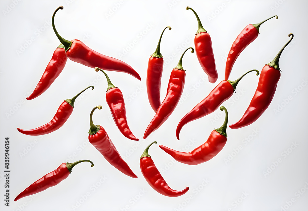 Multiple red chili peppers of varying sizes suspended in the air Multiple red chili peppers of varying sizes suspended in the air