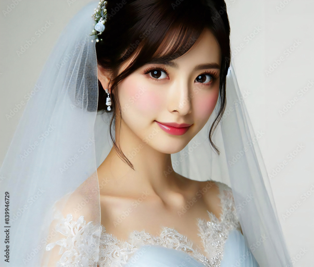淡いブルーのウェディングドレスを着た新婦 淡いブルーのウェディングドレスを着た新婦