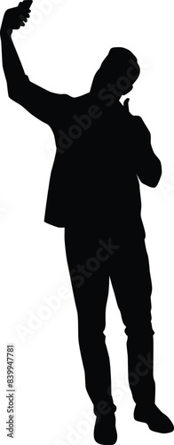 Men taking selfie silhouette illustration. Adult self photo pose. People selfie full body in black color.