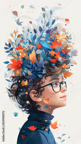 Smart guy with glasses and autumn leaves, creative illustration.