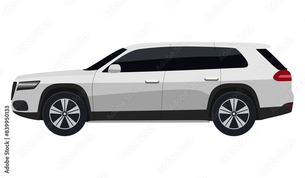 Fototapeta premium Modern SUV vehicle illustration. SUV automobile in side view. Sleek white car with dark tinted windows and black rims.