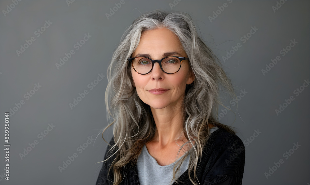 Middle aged woman in casual wear standing against neutral gray background and looking at the camera. Suitable for lifestyle, fashion or modern individuality concepts. Middle aged woman in casual wear standing against neutral gray background and looking at the camera. Suitable for lifestyle, fashion or modern individuality concepts.