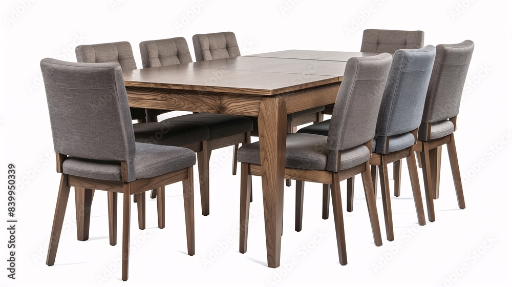 Elegant wooden dining table set with eight cushioned chairs, perfect for family gatherings and home dining. Modern design with comfortable seating. Elegant wooden dining table set with eight cushioned chairs, perfect for family gatherings and home dining. Modern design with comfortable seating.