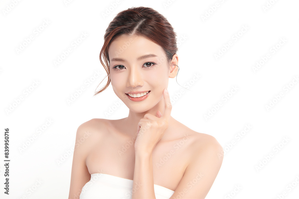 Beautiful young asian woman with clean fresh skin on white background, Face care, Facial treatment, Cosmetology, beauty and spa, Asian women portrait.