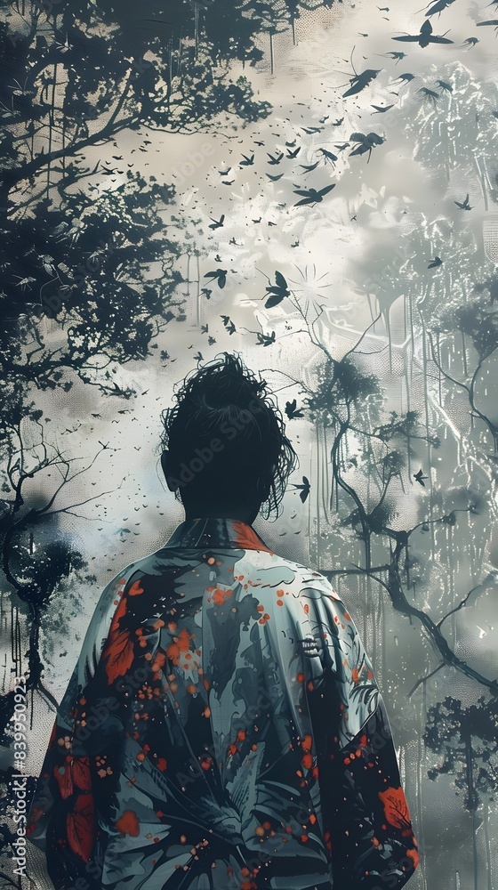 Fototapeta premium Atmospheric Chalk Art Landscape with Beech Trees and Crawling Beetles Amid Oversized Streetwear Fashion Silhouettes