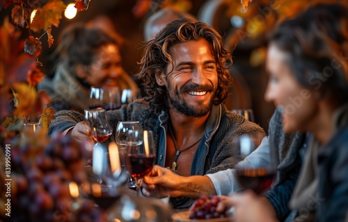 diverse group of friends toasting with red wine in a vineyard, happily celebrating at an autumn festival