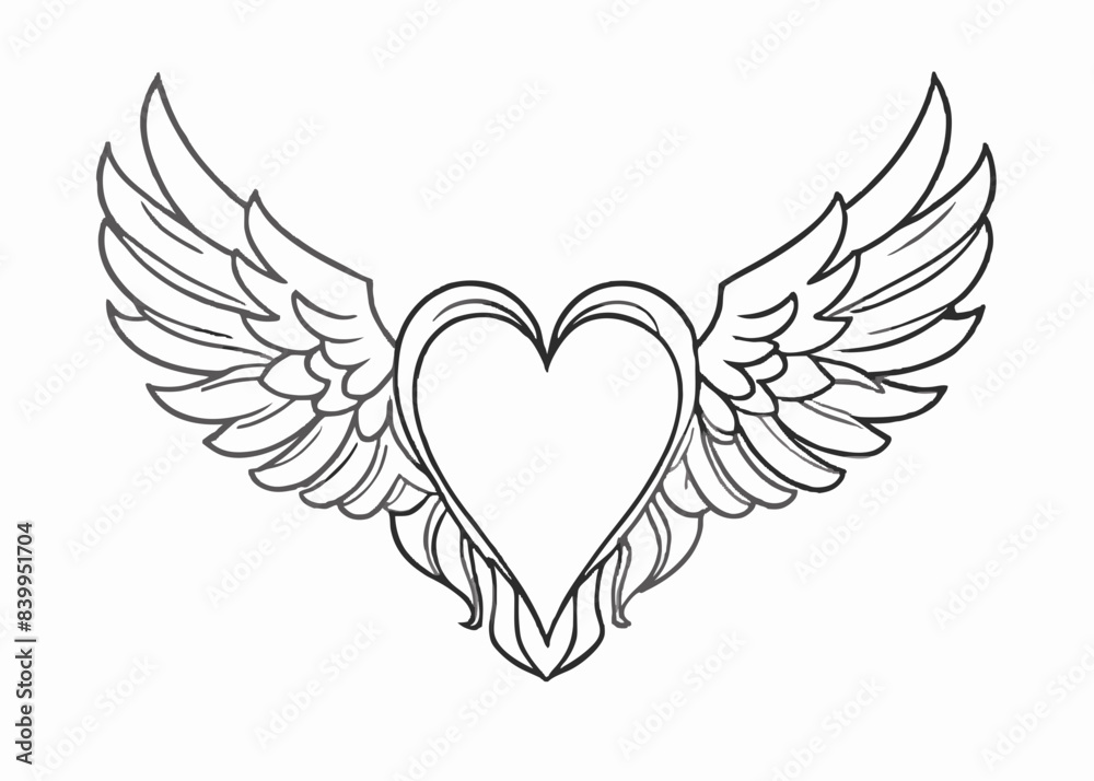 Fototapeta premium Continuous one line drawing of angel wings illustration, Heart with wings outline design