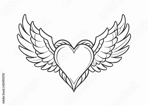 Continuous one line drawing of angel wings illustration, Heart with wings outline design
