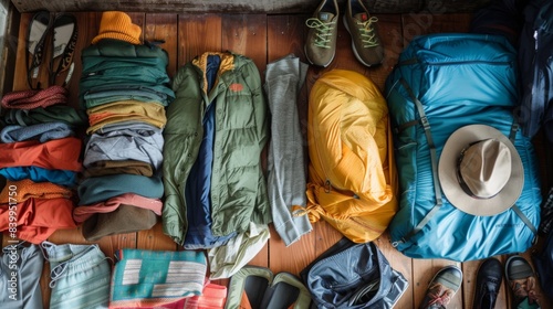 Design an image of travelers packing their bags, featuring versatile clothing and essential items, emphasizing preparation and convenience.