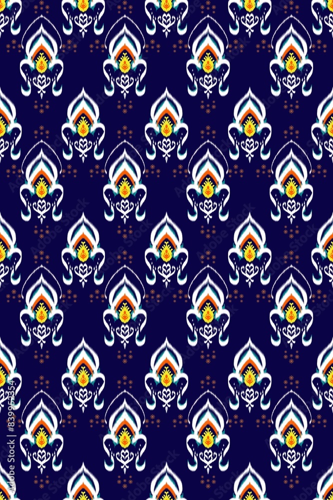 Ikat tribal Indian oriental traditional seamless on navy blue background pattern. Ethnic Aztec decoration style design for fabric, textile, wallpaper, embroidery, ornament, texture Ikat tribal Indian oriental traditional seamless on navy blue background pattern. Ethnic Aztec decoration style design for fabric, textile, wallpaper, embroidery, ornament, texture