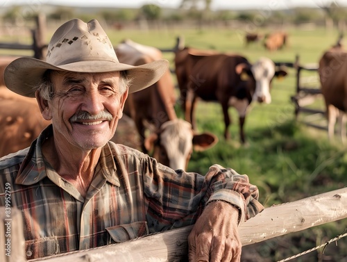 Smiling cowboy male and his cow on a sunny livestock farm with nature 