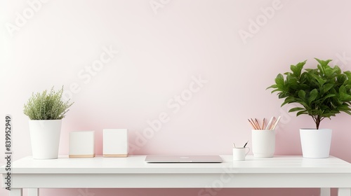 desk white and pink with plant minimal